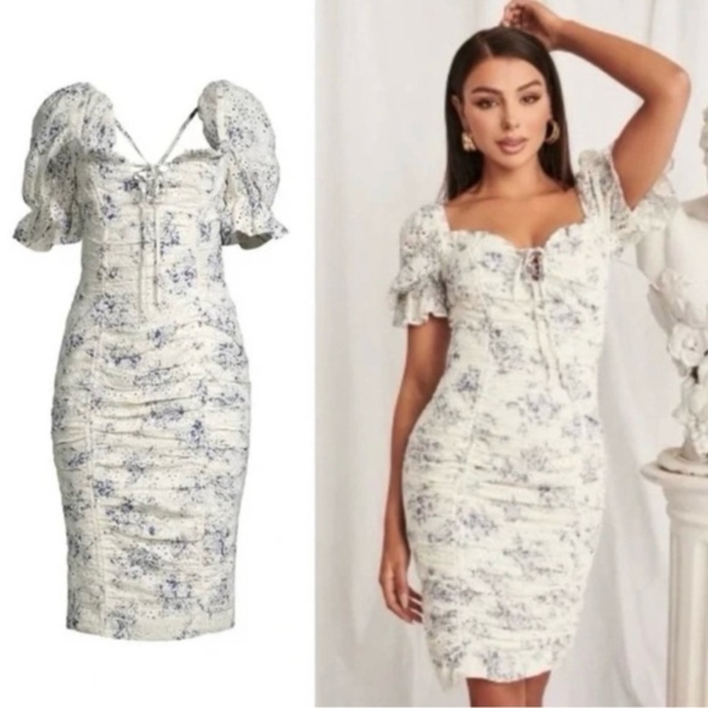 LAVISH ALICE Gathered floral-print broderie midi dress
